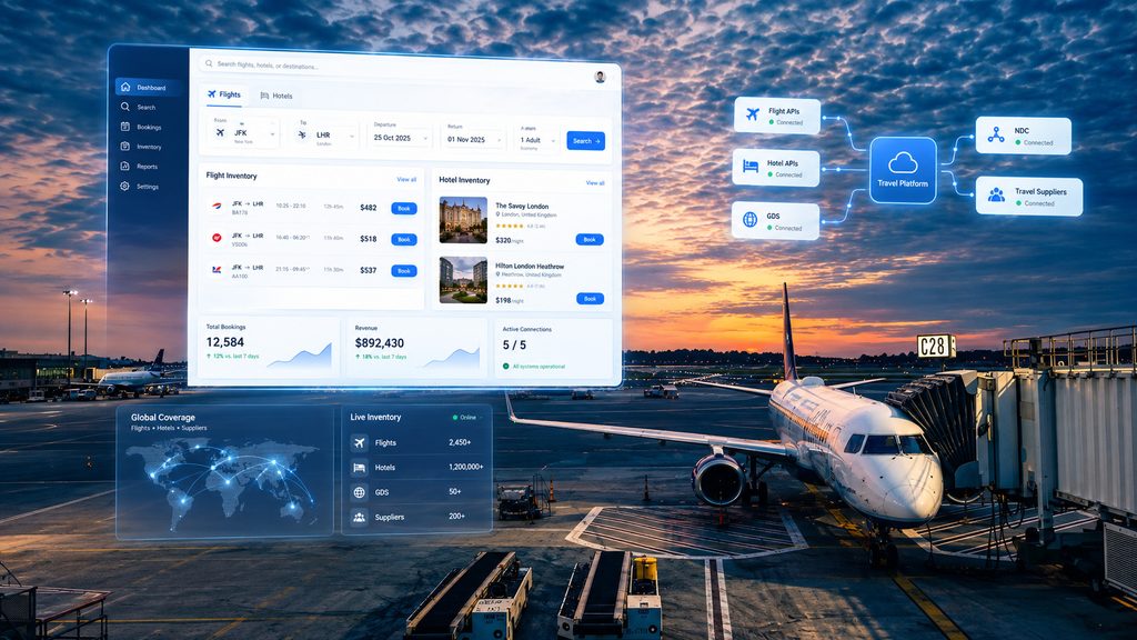 Modern travel technology dashboard connecting flight APIs, hotel APIs, GDS, NDC, and travel suppliers with a live airport background.