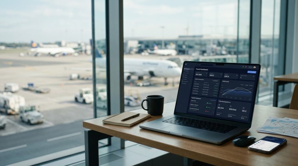 Laptop displaying a travel booking and payment dashboard in a modern travel business workspace